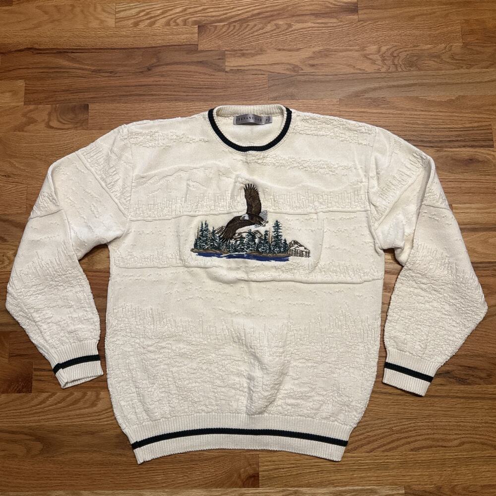 Vintage Shenandoah Bald Eagle Embroidered Knit Sweater Size Medium Cotton USA